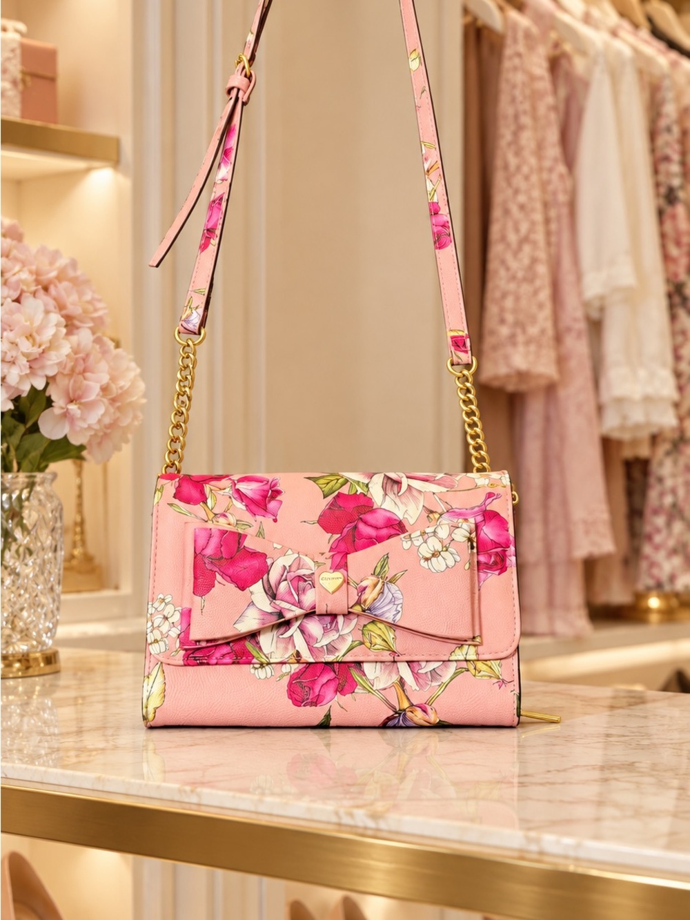 Betsey Johnson Pink Floral Bow Crossbody Bag Gold Chain Purse